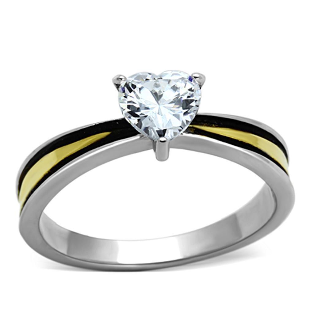 TK1283 - Two-Tone IP Gold (Ion Plating) Stainless Steel Ring with AAA Grade CZ  in Clear-0
