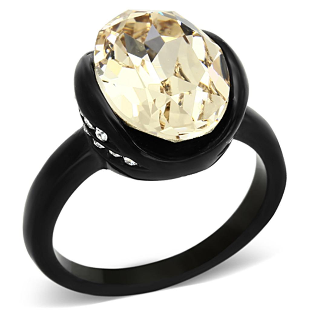 TK1298 - IP Black(Ion Plating) Stainless Steel Ring with Top Grade Crystal  in Light Smoked-0