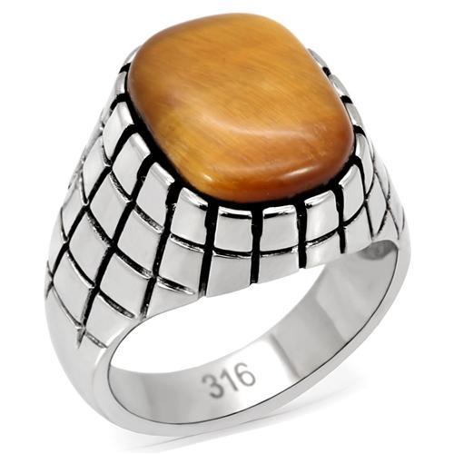 TK129 - High polished (no plating) Stainless Steel Ring with Synthetic Tiger Eye in Topaz-0