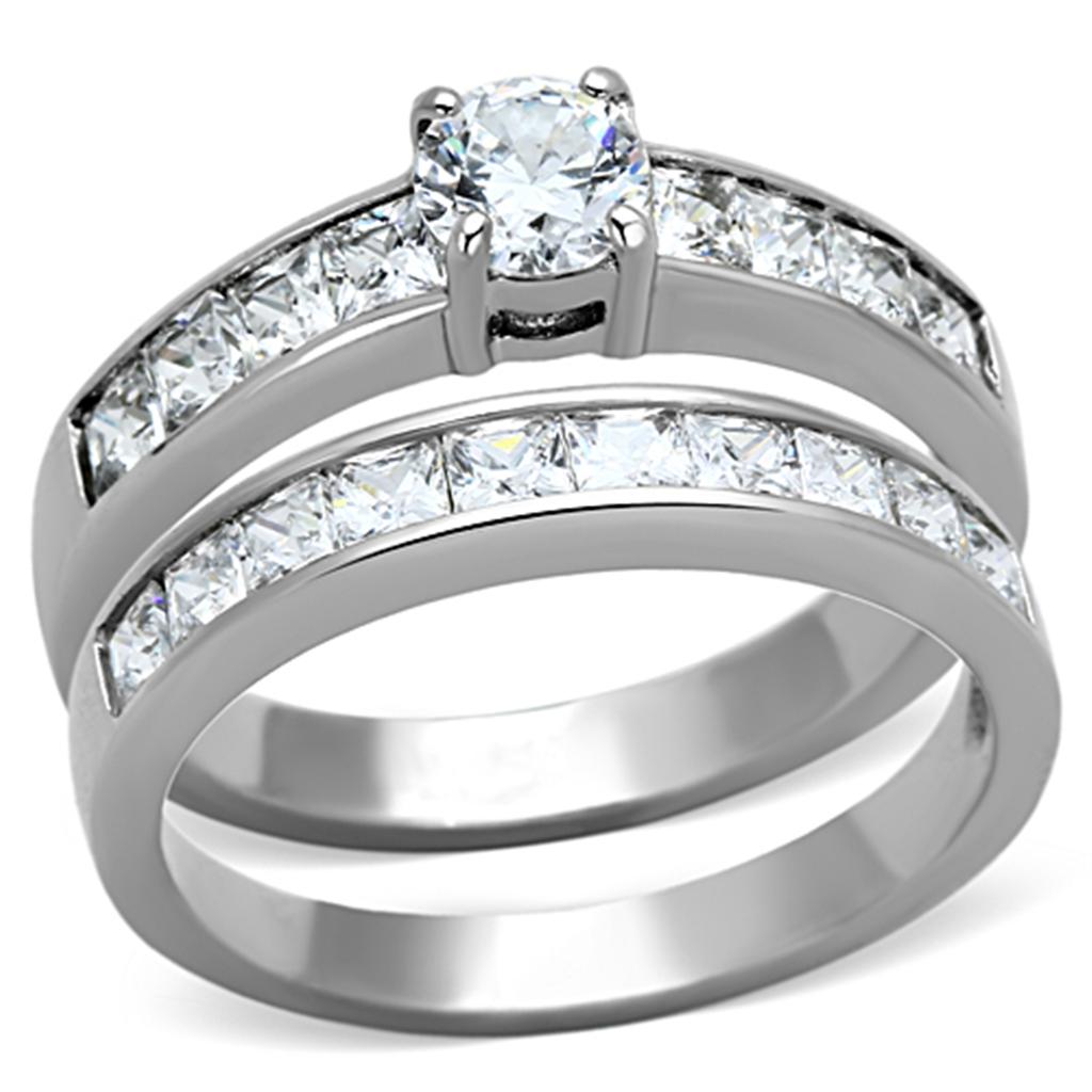 TK1321 - High polished (no plating) Stainless Steel Ring with AAA Grade CZ  in Clear-0