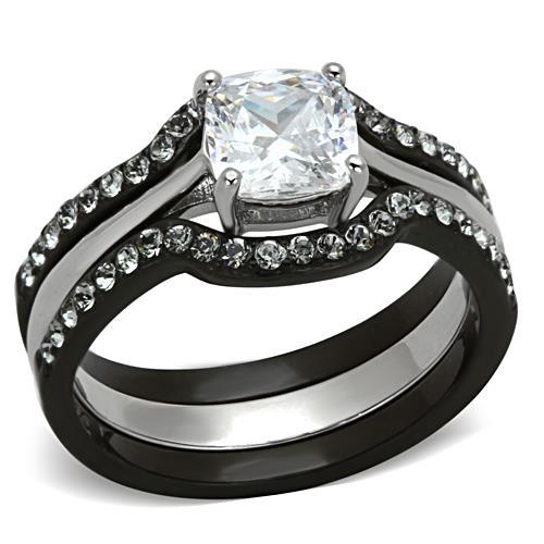 TK1343 - Two-Tone IP Black Stainless Steel Ring with AAA Grade CZ  in Clear-0