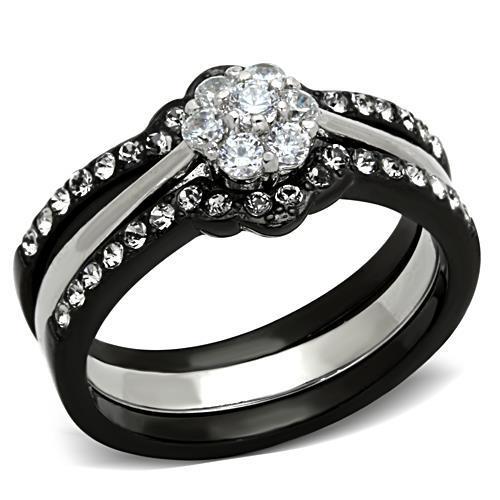TK1345 - Two-Tone IP Black Stainless Steel Ring with AAA Grade CZ  in Clear-0