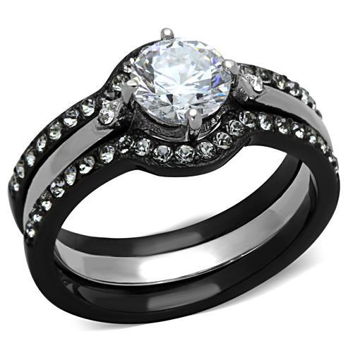 LOTK1346 - Two-Tone IP Black Stainless Steel Ring with AAA Grade CZ  in Clear-0