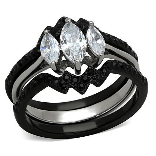 TK1347 - Two-Tone IP Black Stainless Steel Ring with AAA Grade CZ  in Clear-0