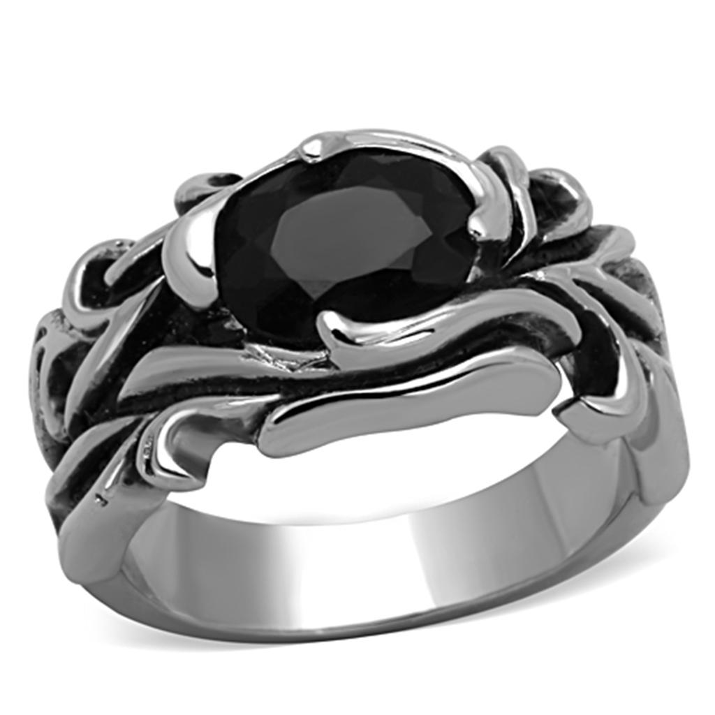 TK1355 - High polished (no plating) Stainless Steel Ring with Synthetic Synthetic Glass in Jet-0
