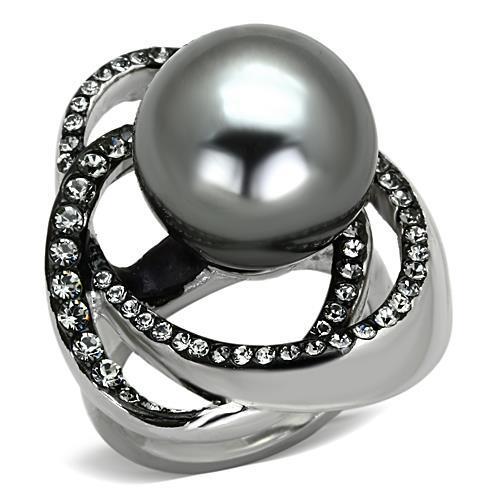 TK1371 - High polished (no plating) Stainless Steel Ring with Synthetic Pearl in Gray-0