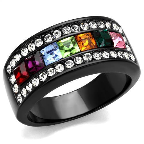 TK1402J - IP Black(Ion Plating) Stainless Steel Ring with Top Grade Crystal  in Multi Color-0