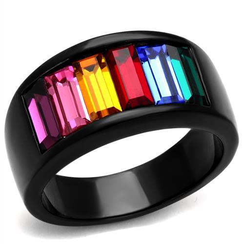 TK1415J - IP Black(Ion Plating) Stainless Steel Ring with Top Grade Crystal  in Multi Color-0