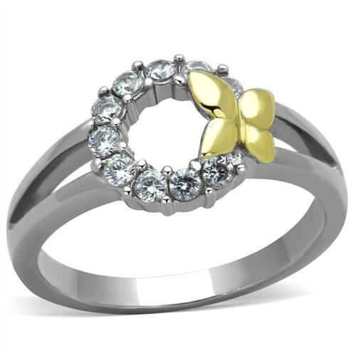 TK1434 - Two-Tone IP Gold (Ion Plating) Stainless Steel Ring with AAA Grade CZ  in Clear-0