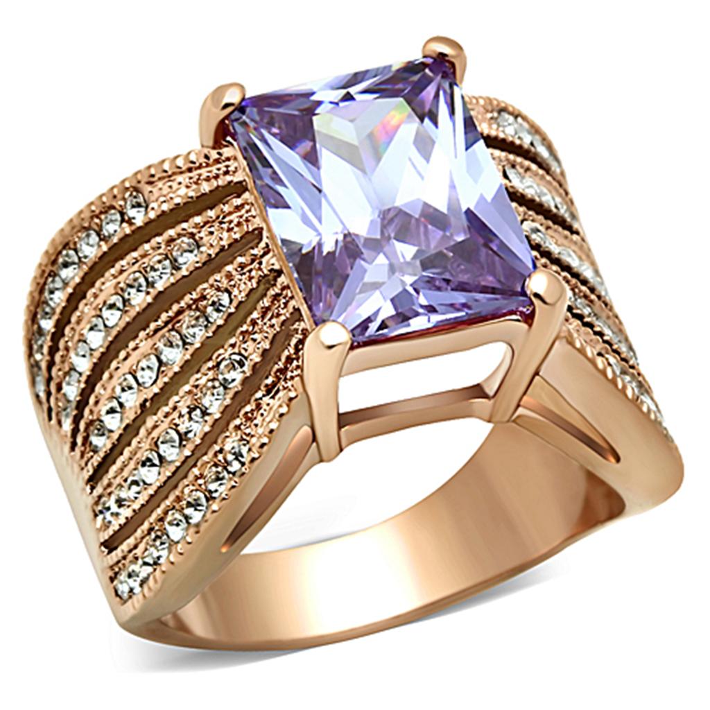 TK1490 - IP Rose Gold(Ion Plating) Stainless Steel Ring with AAA Grade CZ  in Light Amethyst-0