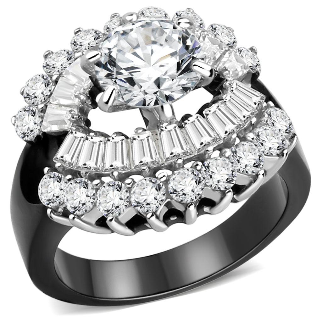TK1523 - Two-Tone IP Black Stainless Steel Ring with AAA Grade CZ  in Clear-0
