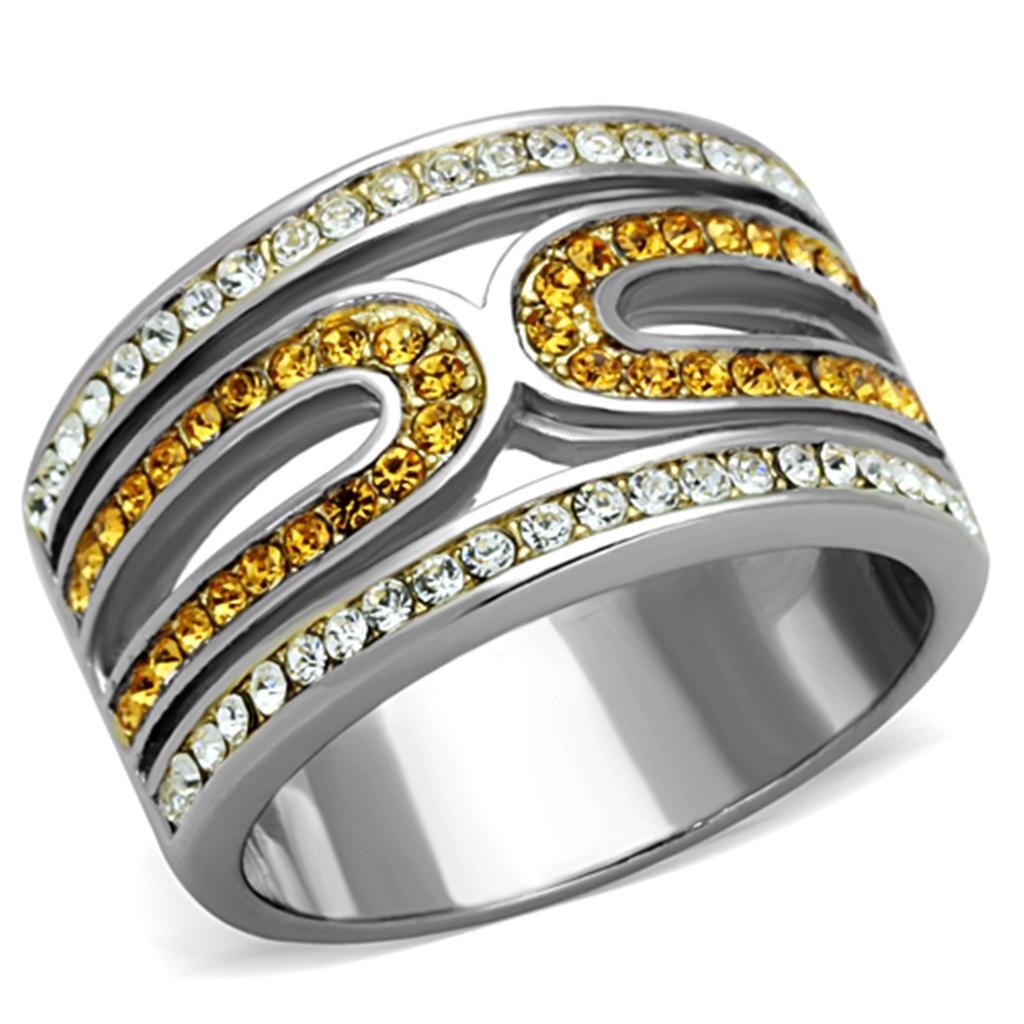 TK1555 - Two-Tone IP Gold (Ion Plating) Stainless Steel Ring with Top Grade Crystal  in Topaz-0