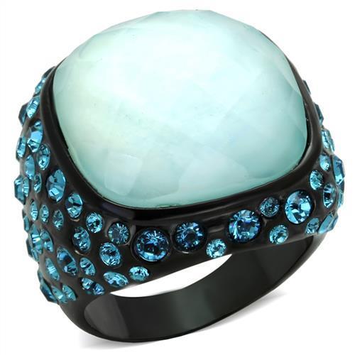 TK1617 - IP Black(Ion Plating) Stainless Steel Ring with Synthetic Synthetic Glass in Sea Blue-0