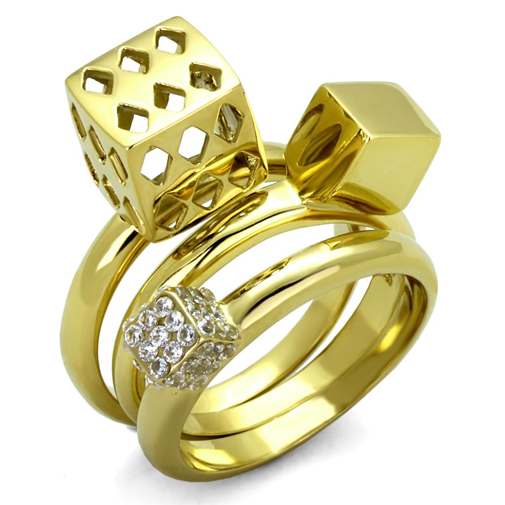 TK1630 - IP Gold(Ion Plating) Stainless Steel Ring with AAA Grade CZ  in Clear-0