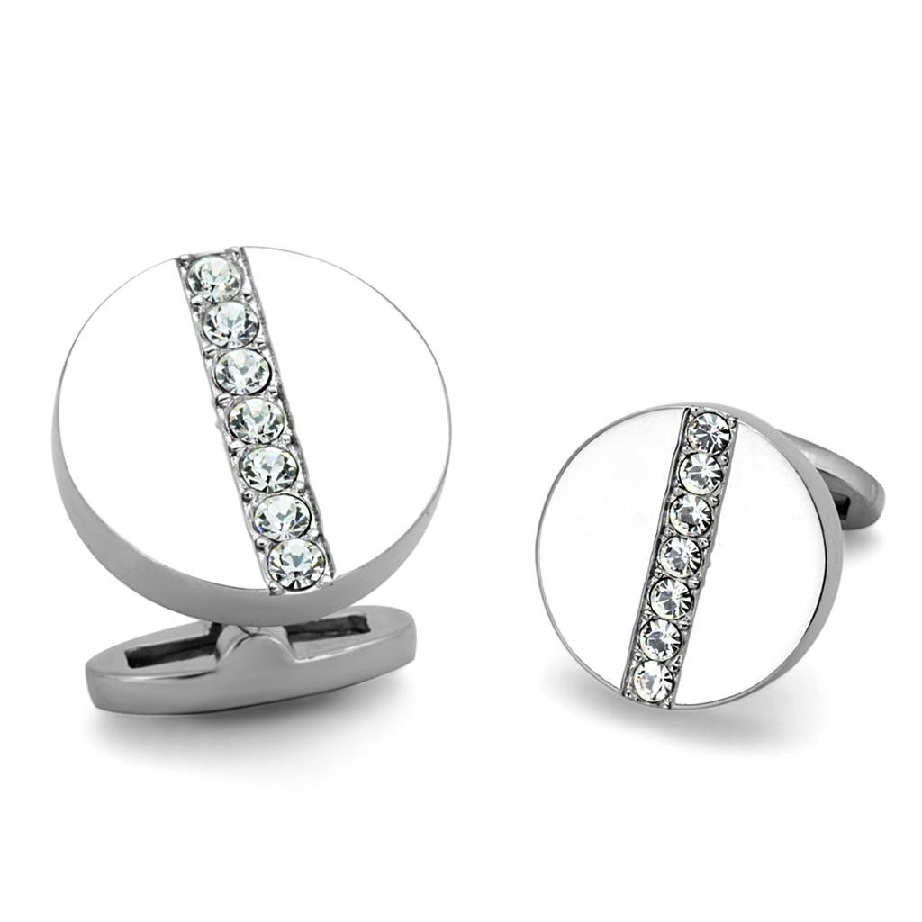TK1657 - High polished (no plating) Stainless Steel Cufflink with Top Grade Crystal  in Clear-0