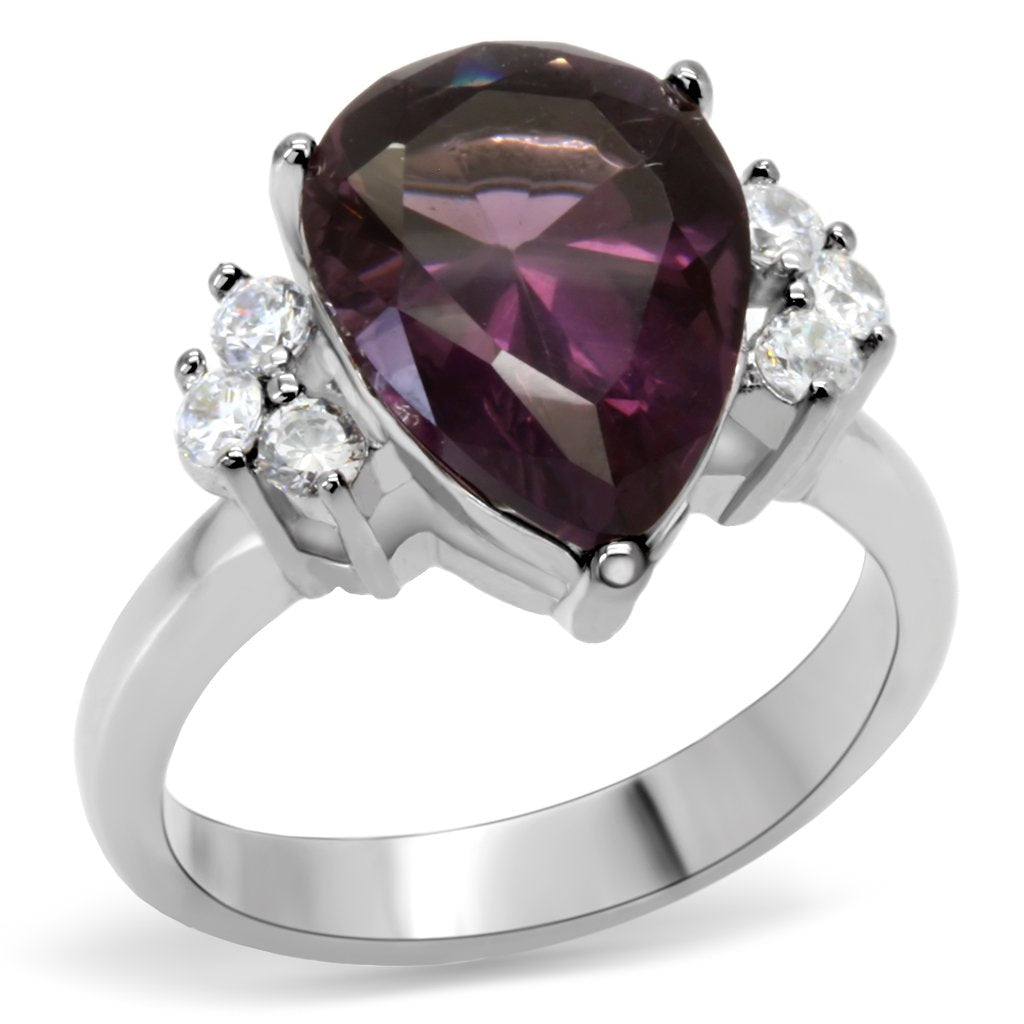 TK167 - High polished (no plating) Stainless Steel Ring with Synthetic Synthetic Glass in Amethyst-0