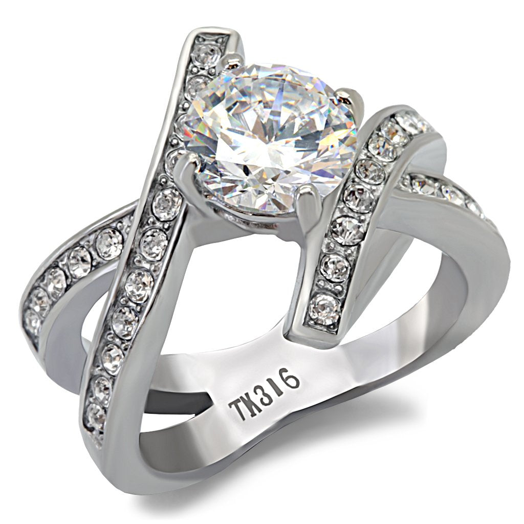 TK169 - High polished (no plating) Stainless Steel Ring with AAA Grade CZ  in Clear-0