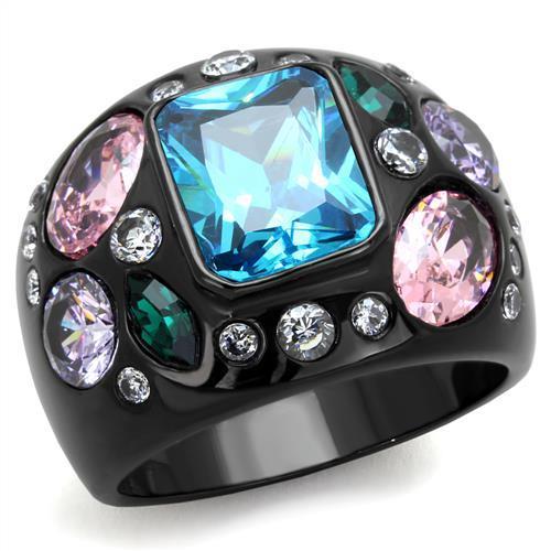 TK1790 - IP Black(Ion Plating) Stainless Steel Ring with AAA Grade CZ  in Sea Blue-0