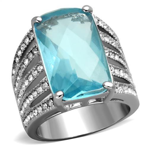 TK1826 - High polished (no plating) Stainless Steel Ring with Synthetic Synthetic Glass in Sea Blue-0