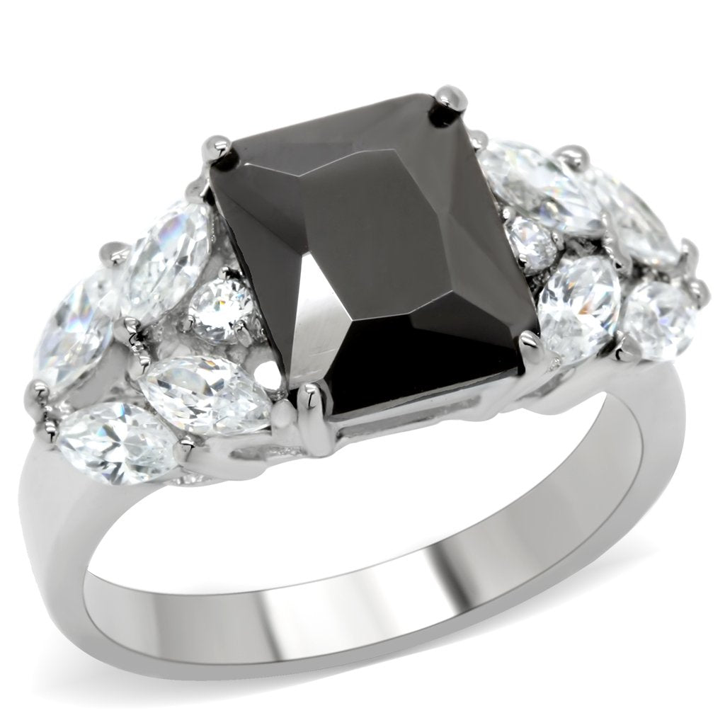 TK182 - High polished (no plating) Stainless Steel Ring with AAA Grade CZ  in Jet-0