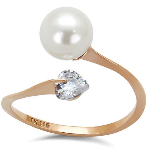 TK1837 - IP Rose Gold(Ion Plating) Stainless Steel Ring with Synthetic Pearl in White-0