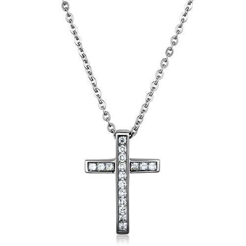 TK1858 - High polished (no plating) Stainless Steel Chain Pendant with AAA Grade CZ  in Clear-0