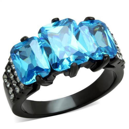 TK1866 - IP Black(Ion Plating) Stainless Steel Ring with AAA Grade CZ  in Sea Blue-0