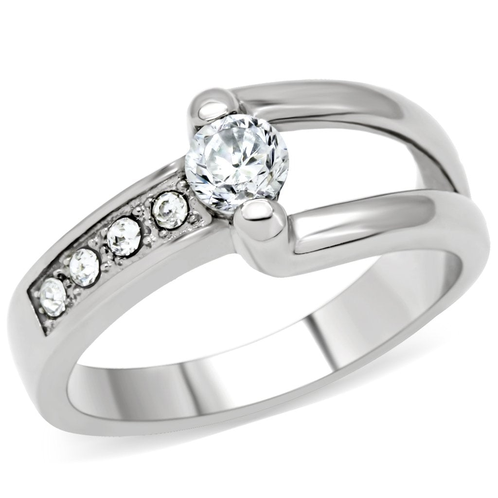 LOTK190 - High polished (no plating) Stainless Steel Ring with AAA Grade CZ  in Clear-0