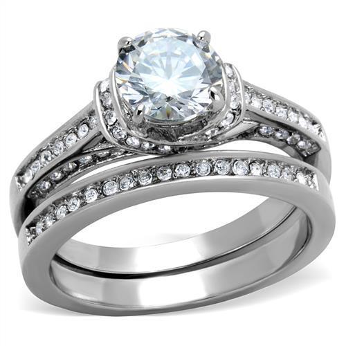 TK1919 - High polished (no plating) Stainless Steel Ring with AAA Grade CZ  in Clear-0