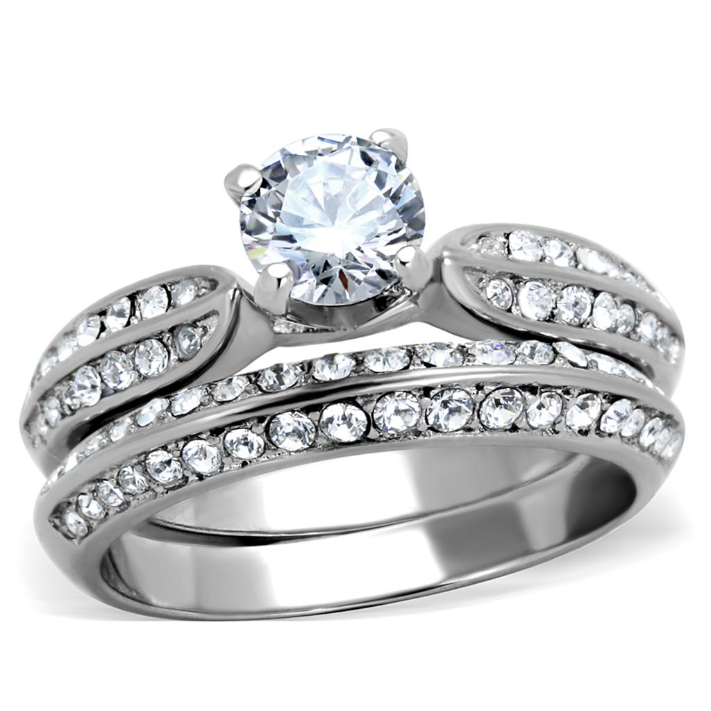 TK1920 - High polished (no plating) Stainless Steel Ring with AAA Grade CZ  in Clear-0