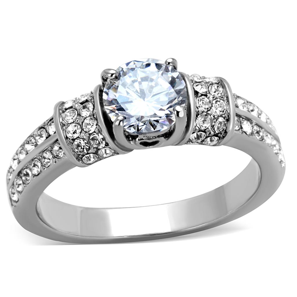 TK1921 - High polished (no plating) Stainless Steel Ring with AAA Grade CZ  in Clear-0