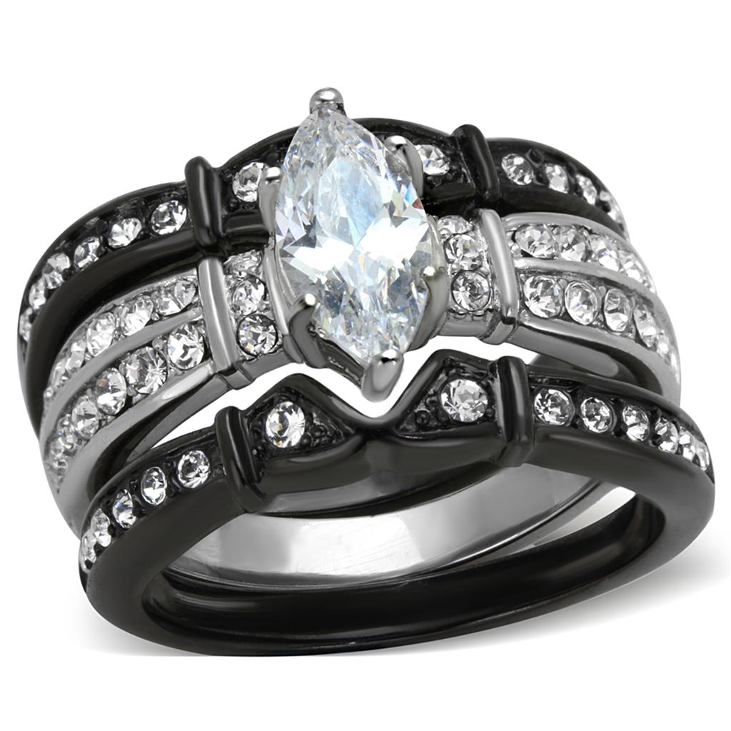TK1922 - Two-Tone IP Black Stainless Steel Ring with AAA Grade CZ  in Clear-0