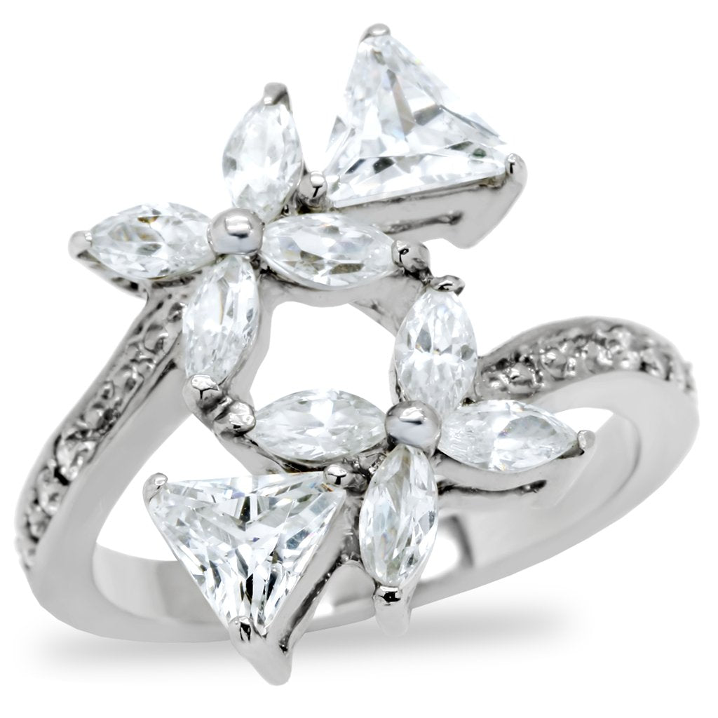 TK196 - High polished (no plating) Stainless Steel Ring with AAA Grade CZ  in Clear-0