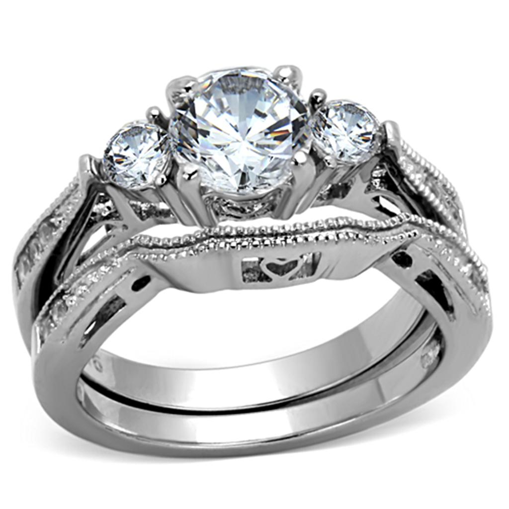 TK1W002 - High polished (no plating) Stainless Steel Ring with AAA Grade CZ  in Clear-0