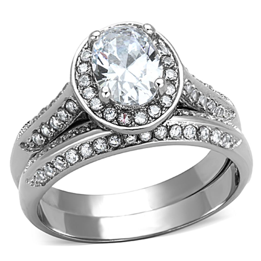 TK1W163 - High polished (no plating) Stainless Steel Ring with AAA Grade CZ  in Clear-0