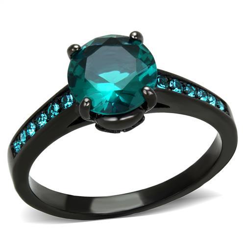 TK2014 - IP Black(Ion Plating) Stainless Steel Ring with Synthetic Synthetic Glass in Blue Zircon-0