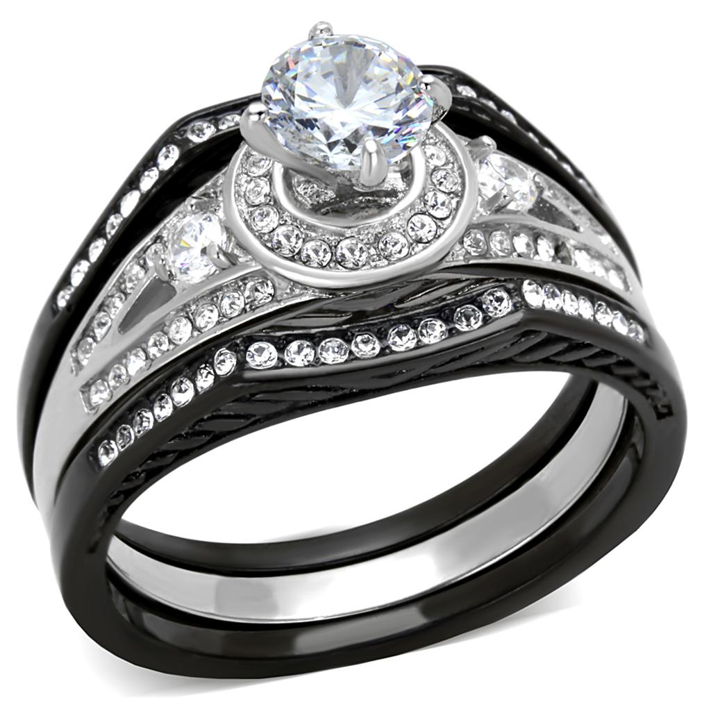 TK2044 - Two-Tone IP Black Stainless Steel Ring with AAA Grade CZ  in Clear-0