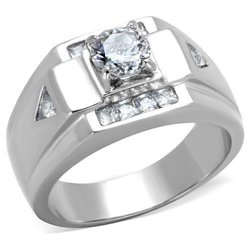 TK2052 - High polished (no plating) Stainless Steel Ring with AAA Grade CZ  in Clear-0