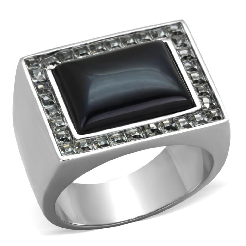 TK2065 - High polished (no plating) Stainless Steel Ring with Synthetic Cat Eye in Smoked Quartz-0