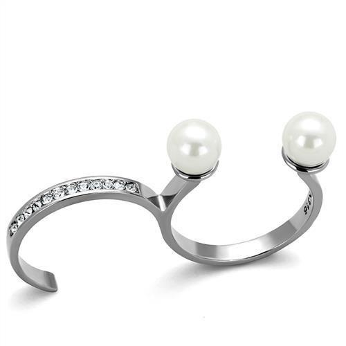 TK2110 - High polished (no plating) Stainless Steel Ring with Synthetic Pearl in White-0