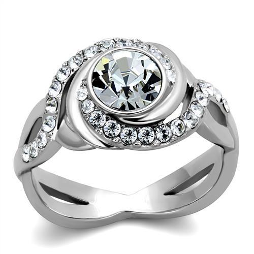 TK2111 - High polished (no plating) Stainless Steel Ring with Top Grade Crystal  in Clear-0
