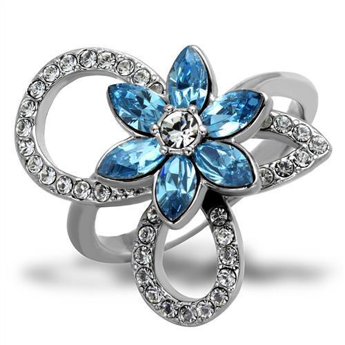 TK2123 - High polished (no plating) Stainless Steel Ring with Top Grade Crystal  in Sea Blue-0
