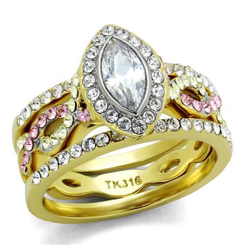 TK2129 - Two-Tone IP Gold (Ion Plating) Stainless Steel Ring with AAA Grade CZ  in Clear-0