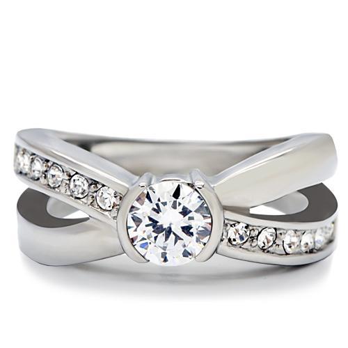 TK214 - High polished (no plating) Stainless Steel Ring with AAA Grade CZ  in Clear-2