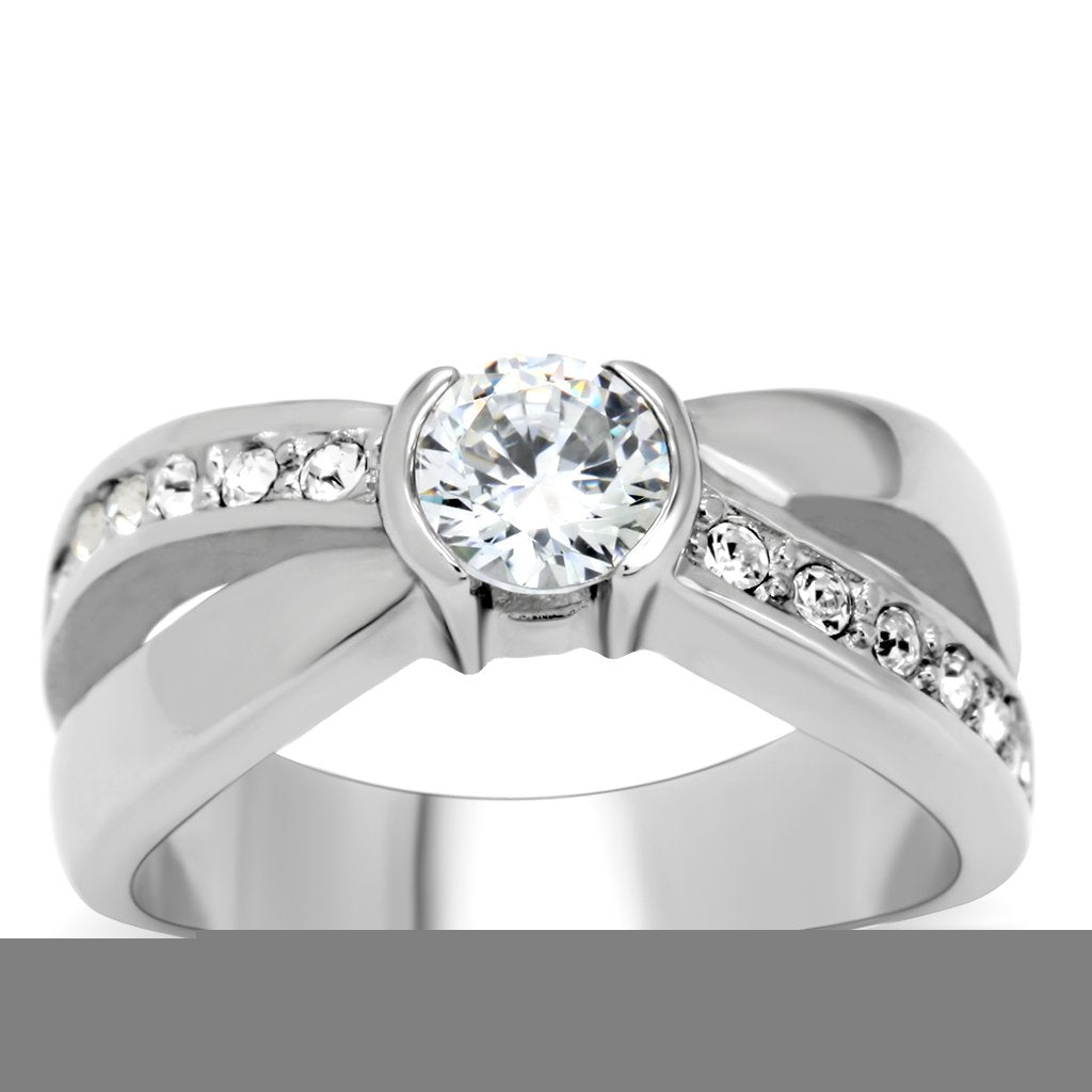 TK214 - High polished (no plating) Stainless Steel Ring with AAA Grade CZ  in Clear-0