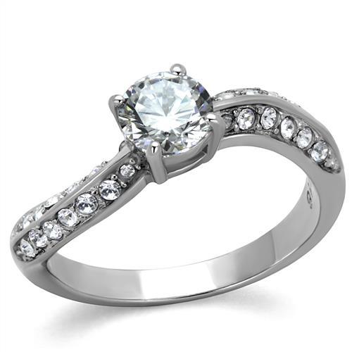 TK2171 - High polished (no plating) Stainless Steel Ring with AAA Grade CZ  in Clear-0