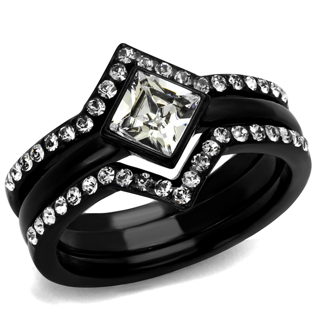 TK2185 - IP Black(Ion Plating) Stainless Steel Ring with Top Grade Crystal  in Clear-0