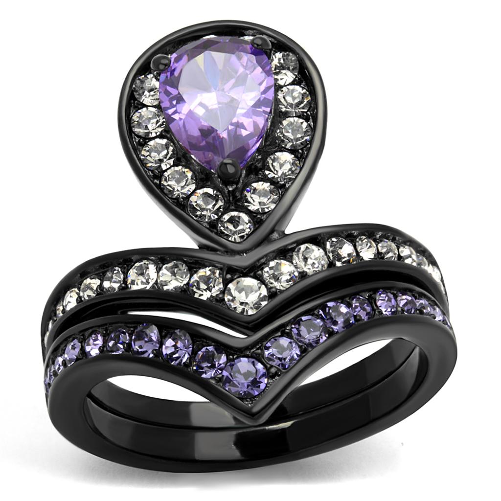 TK2186 - IP Black(Ion Plating) Stainless Steel Ring with AAA Grade CZ  in Amethyst-0
