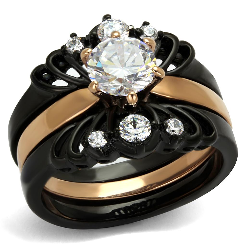 TK2189 - IP Rose Gold+ IP Black (Ion Plating) Stainless Steel Ring with AAA Grade CZ  in Clear-0
