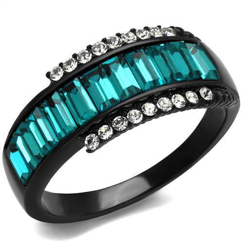 TK2190 - IP Black(Ion Plating) Stainless Steel Ring with Top Grade Crystal  in Blue Zircon-0